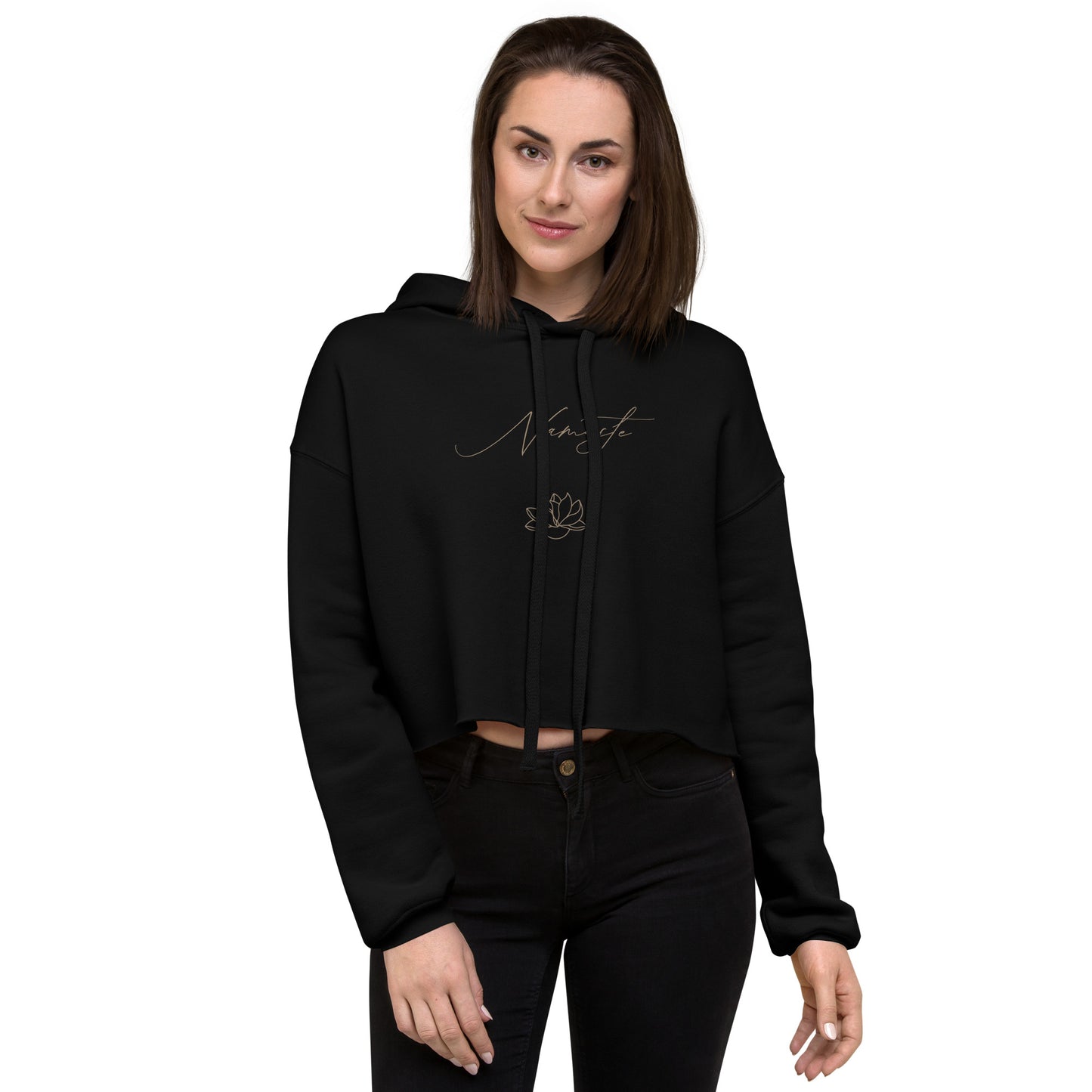 Namaste Lotus Flower - Crop Hoodie - Black with Tan