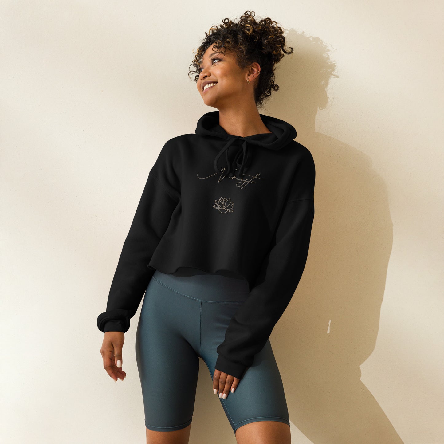 Namaste Lotus Flower - Crop Hoodie - Black with Tan